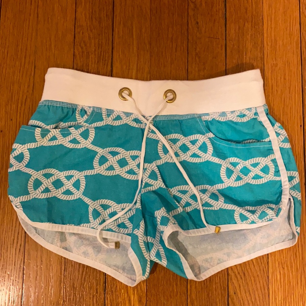Turquoise and white shorts with rope detail